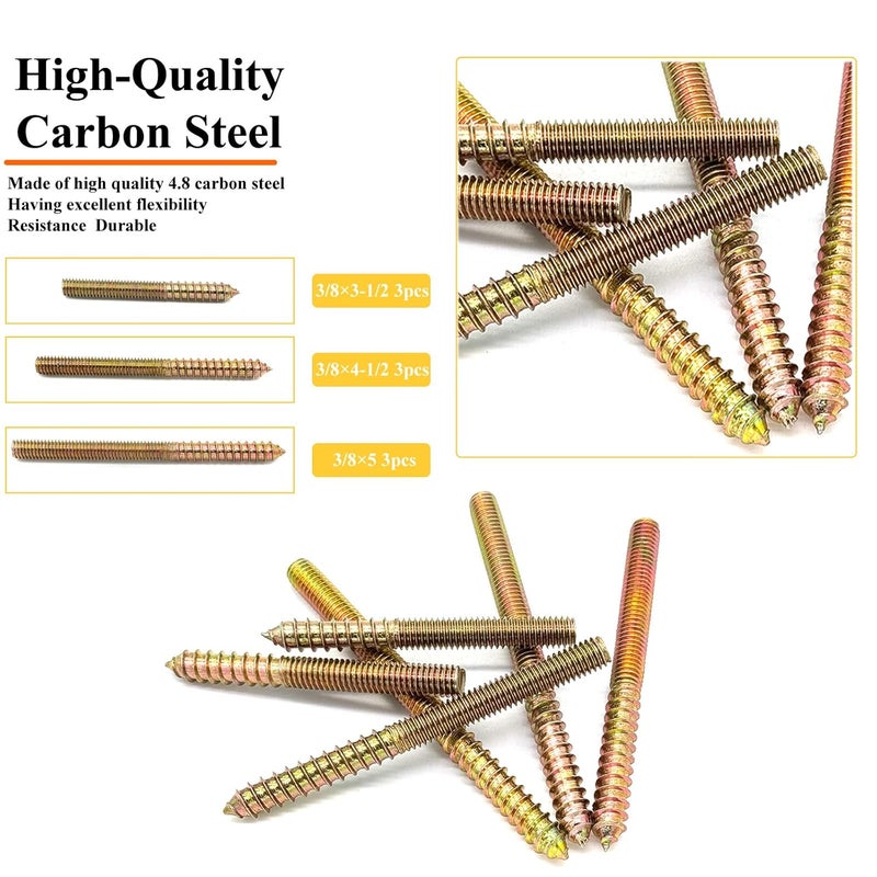 Matrelt 9 Pack 3/8-16" Hanger Bolts 3Sizes Long Double Headed Bolts Wood Dowel Screw Self-Tapping Screw Hanger Bolts for Wood Furniture Screws Double Threaded Rods Bolt - Image 3